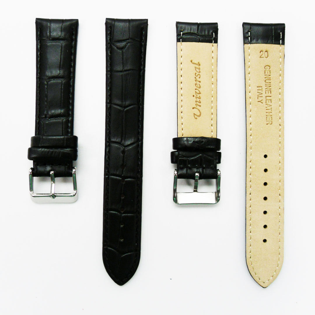 Genuine Leather Watch Band, Black Alligator Straps, Padded, Black Stitches, 20MM, Regular Size, Stainless Steel Silver and Gold Buckle