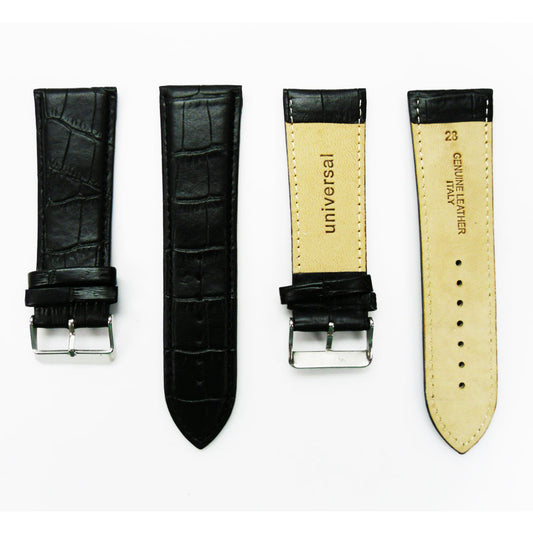 Genuine Leather Watch Band, Black Alligator Straps, Padded, Black Stitches, 28MM , Regular Size, Stainless Steel Silver Buckle