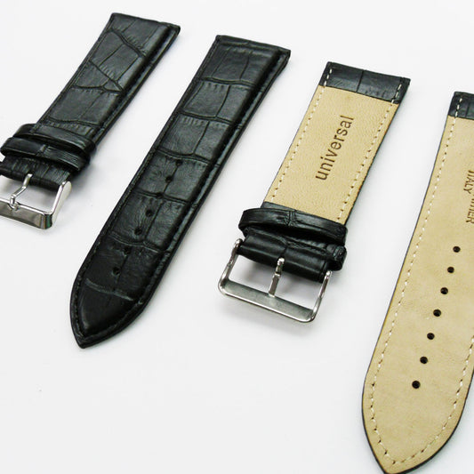 Genuine Leather Watch Band, Black Alligator Straps, Padded, Black Stitches, 28MM , Regular Size, Stainless Steel Silver Buckle