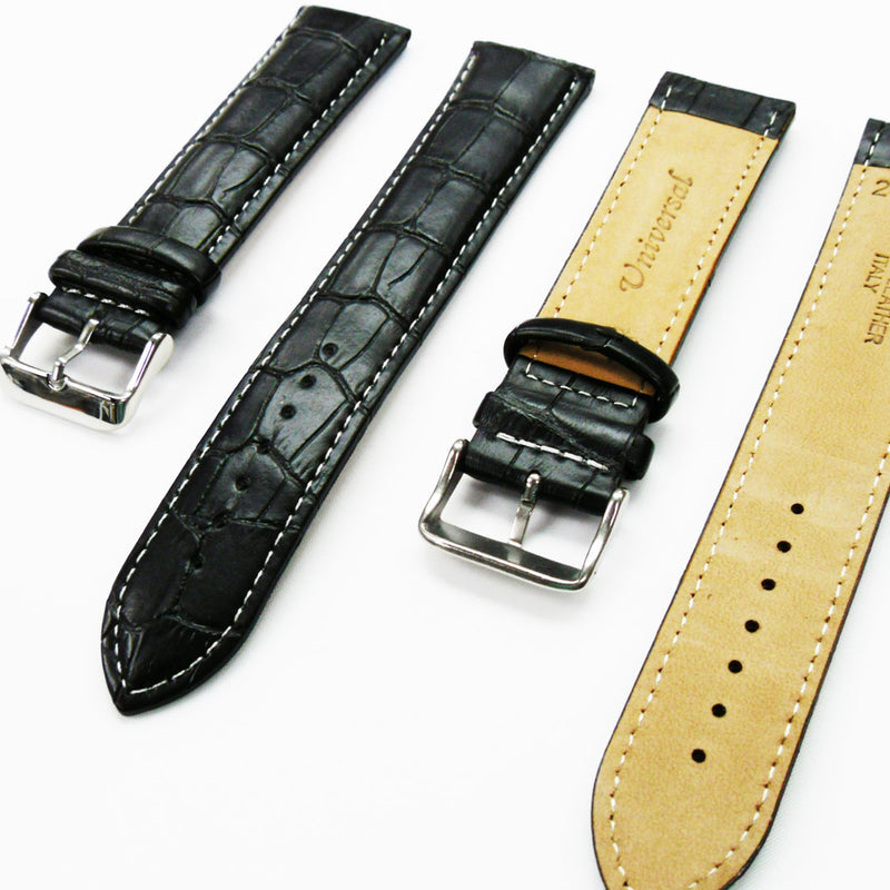 Load image into Gallery viewer, Genuine Leather Watch Band, Black Alligator Straps, Padded, Black, Yellow and Orange Stitches, 22MM and 24MM, XXL Size, Stainless Steel Silver and Gold Buckle
