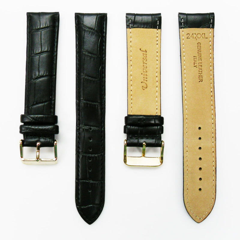 Load image into Gallery viewer, Genuine Leather Watch Band, Black Alligator Straps, Padded, Black, Yellow and Orange Stitches, 22MM and 24MM, XXL Size, Stainless Steel Silver and Gold Buckle
