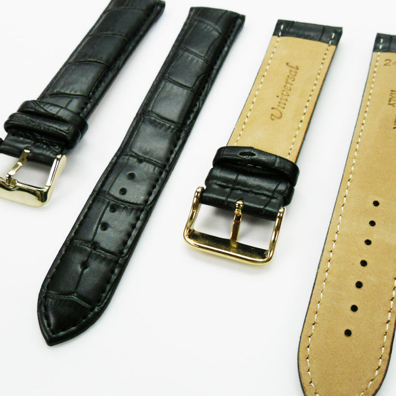 Load image into Gallery viewer, Genuine Leather Watch Band, Black Alligator Straps, Padded, Black, Yellow and Orange Stitches, 22MM and 24MM, XXL Size, Stainless Steel Silver and Gold Buckle
