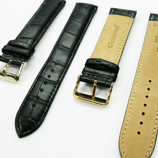 Genuine Leather Watch Band, Black Alligator Straps, Padded, Black, Yellow and Orange Stitches, 22MM and 24MM, XXL Size, Stainless Steel Silver and Gold Buckle