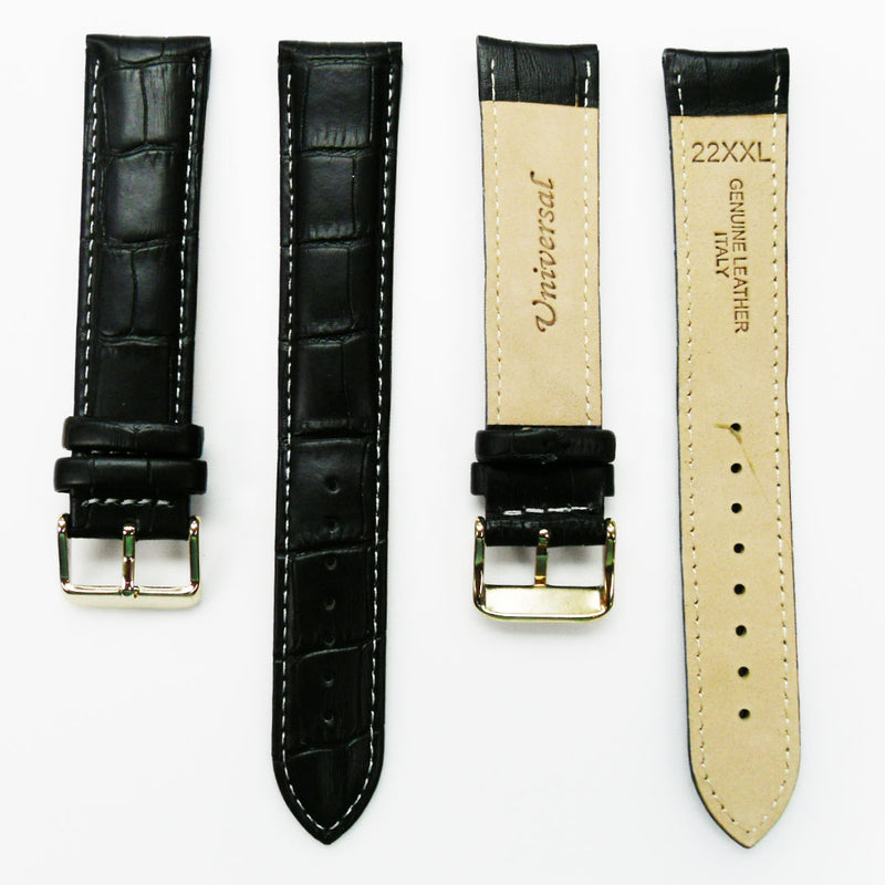 Load image into Gallery viewer, Genuine Leather Watch Band, Black Alligator Straps, Padded, Black, Yellow and Orange Stitches, 22MM and 24MM, XXL Size, Stainless Steel Silver and Gold Buckle
