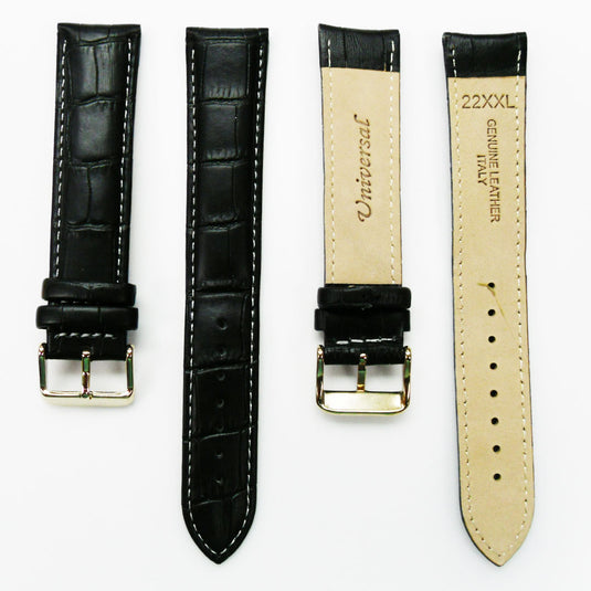 Genuine Leather Watch Band, Black Alligator Straps, Padded, Black, Yellow and Orange Stitches, 22MM and 24MM, XXL Size, Stainless Steel Silver and Gold Buckle