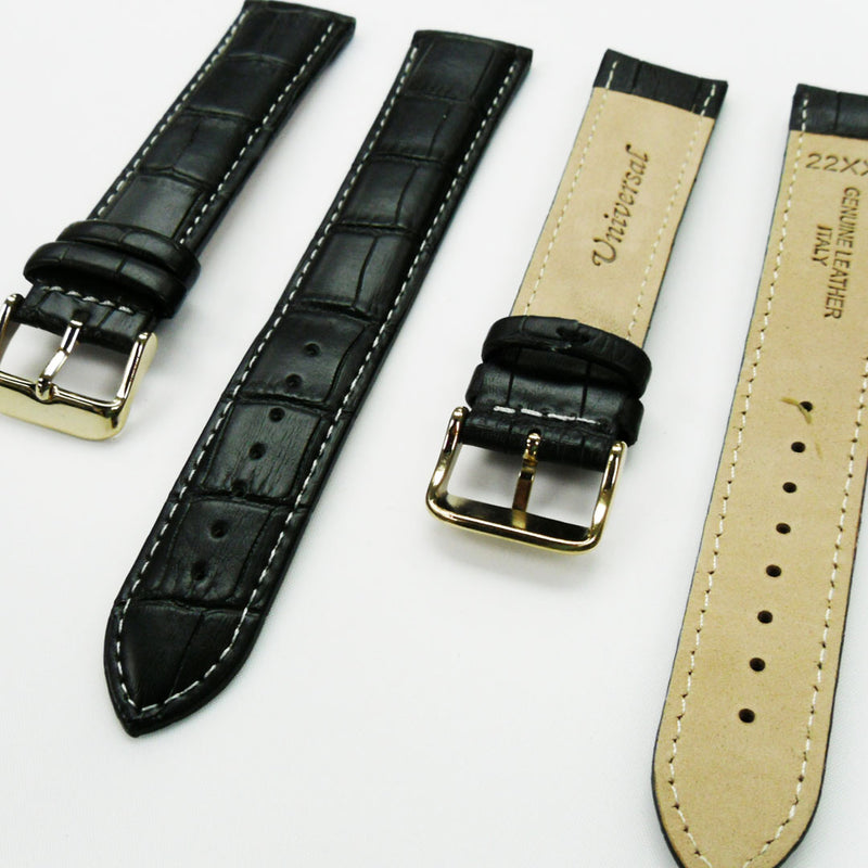 Load image into Gallery viewer, Genuine Leather Watch Band, Black Alligator Straps, Padded, Black, Yellow and Orange Stitches, 22MM and 24MM, XXL Size, Stainless Steel Silver and Gold Buckle

