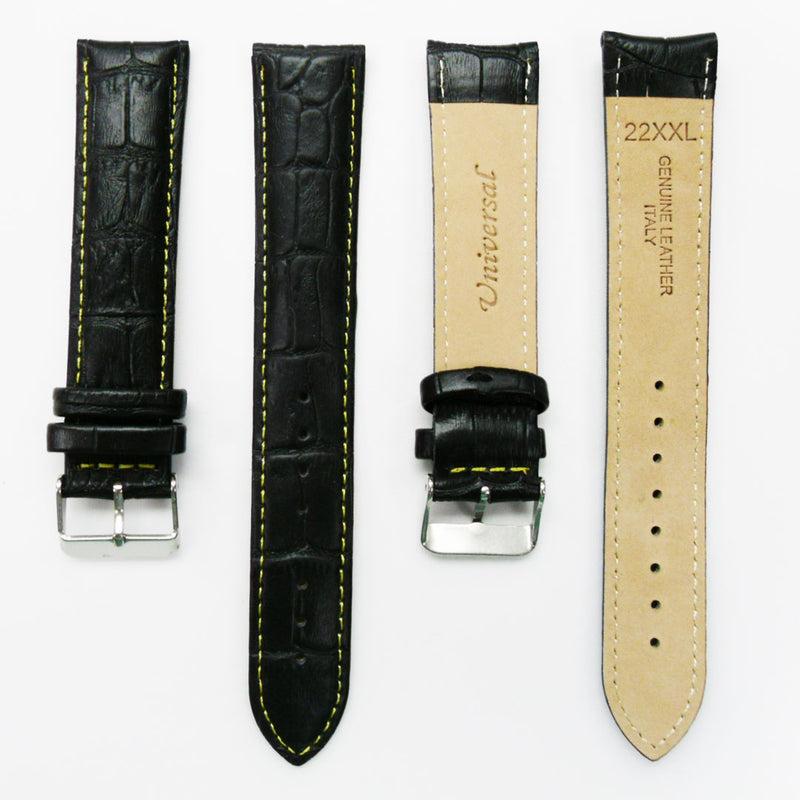 Load image into Gallery viewer, Genuine Leather Watch Band, Black Alligator Straps, Padded, Black, Yellow and Orange Stitches, 22MM and 24MM, XXL Size, Stainless Steel Silver and Gold Buckle
