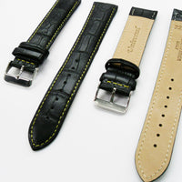 Genuine Leather Watch Band, Black Alligator Straps, Padded, Black, Yellow and Orange Stitches, 22MM and 24MM, XXL Size, Stainless Steel Silver and Gold Buckle