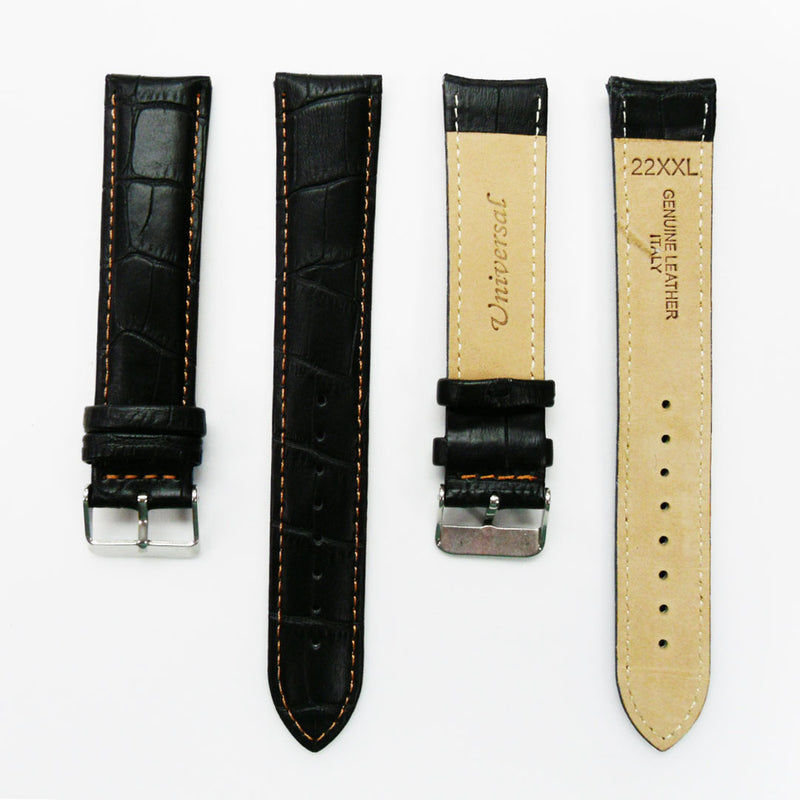 Load image into Gallery viewer, Genuine Leather Watch Band, Black Alligator Straps, Padded, Black, Yellow and Orange Stitches, 22MM and 24MM, XXL Size, Stainless Steel Silver and Gold Buckle
