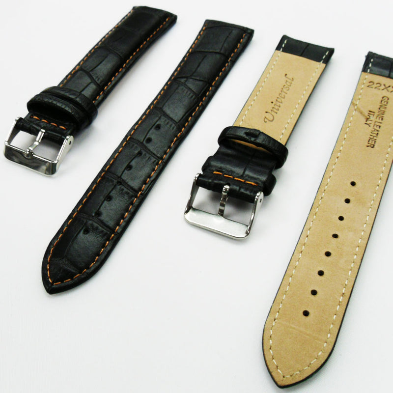 Load image into Gallery viewer, Genuine Leather Watch Band, Black Alligator Straps, Padded, Black, Yellow and Orange Stitches, 22MM and 24MM, XXL Size, Stainless Steel Silver and Gold Buckle

