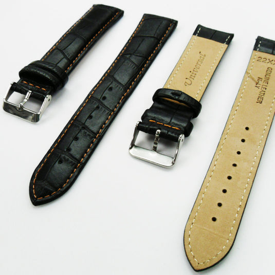 Genuine Leather Watch Band, Black Alligator Straps, Padded, Black, Yellow and Orange Stitches, 22MM and 24MM, XXL Size, Stainless Steel Silver and Gold Buckle