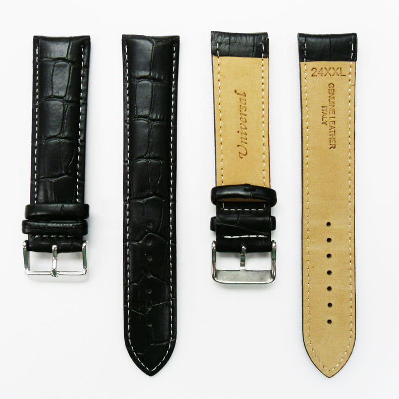 Load image into Gallery viewer, Genuine Leather Watch Band, Black Alligator Straps, Padded, Black, Yellow and Orange Stitches, 22MM and 24MM, XXL Size, Stainless Steel Silver and Gold Buckle
