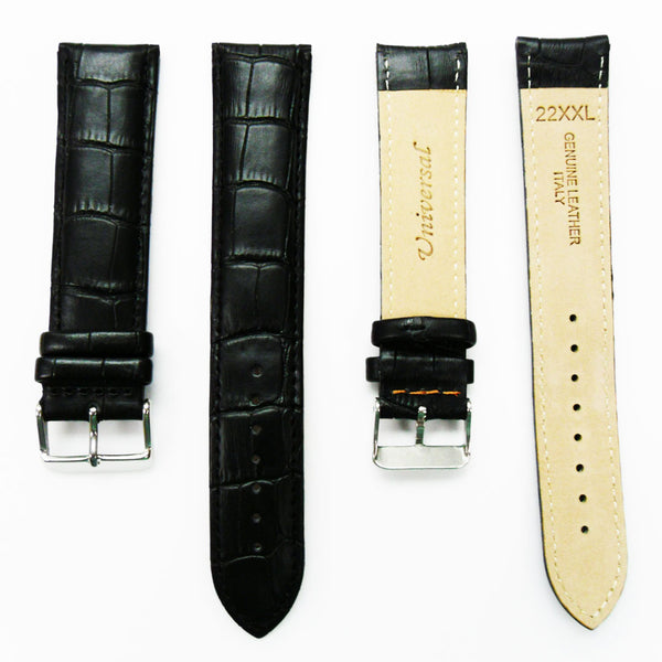 Genuine Leather Watch Band, Black Alligator Straps, Padded, Black and Orange Stitches, 20MM and 24MM, XL Size, Stainless Steel Silver and Gold Buckle