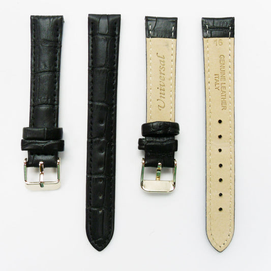 Genuine Leather Watch Band, Black Alligator Straps, Padded, Black and White Stitches, 16MM, Regular Size, Stainless Steel Silver and Gold Buckle