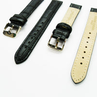 Genuine Leather Watch Band, Black Alligator Straps, Padded, Black and White Stitches, 16MM, Regular Size, Stainless Steel Silver and Gold Buckle