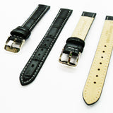 Genuine Leather Watch Band, Black Alligator Straps, Padded, Black and White Stitches, 16MM, Regular Size, Stainless Steel Silver and Gold Buckle