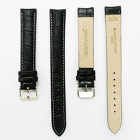 Genuine Leather Watch Band, Black Alligator Straps, Padded, Black and White Stitches, 18MM, XL Size, Stainless Steel Silver and Gold Buckle