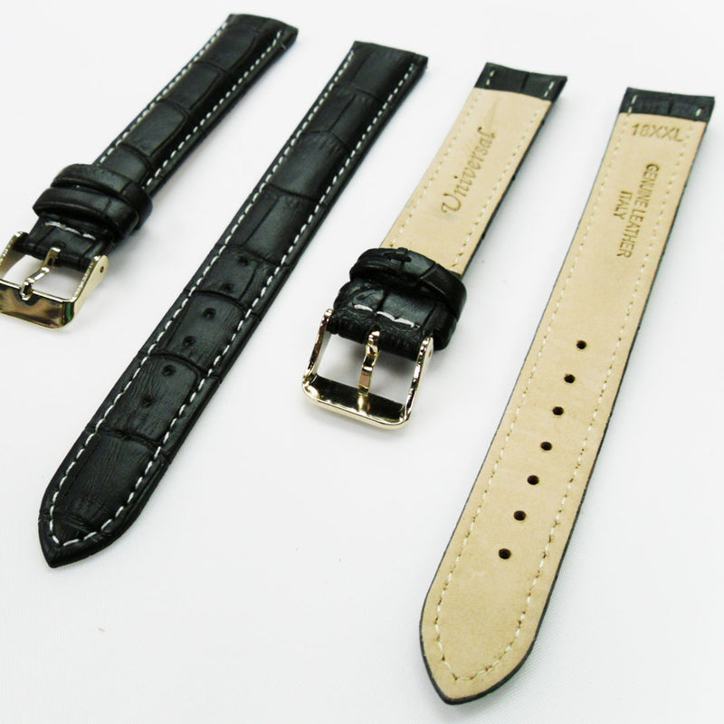 Load image into Gallery viewer, Genuine Leather Watch Band, Black Alligator Straps, Padded, Black and White Stitches, 18MM, XL Size, Stainless Steel Silver and Gold Buckle
