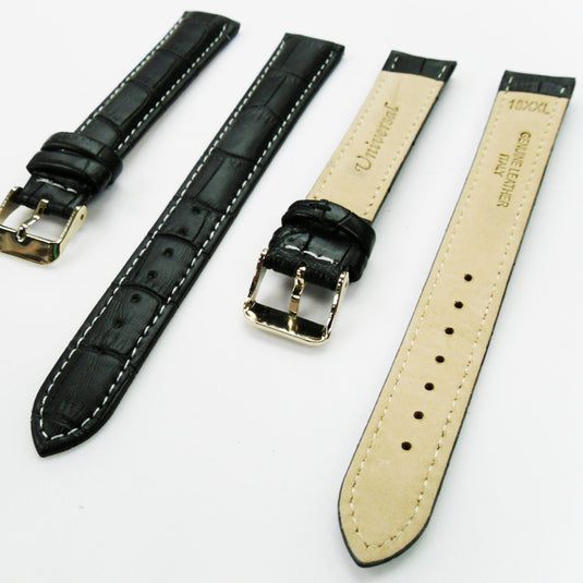 Genuine Leather Watch Band, Black Alligator Straps, Padded, Black and White Stitches, 18MM, XL Size, Stainless Steel Silver and Gold Buckle