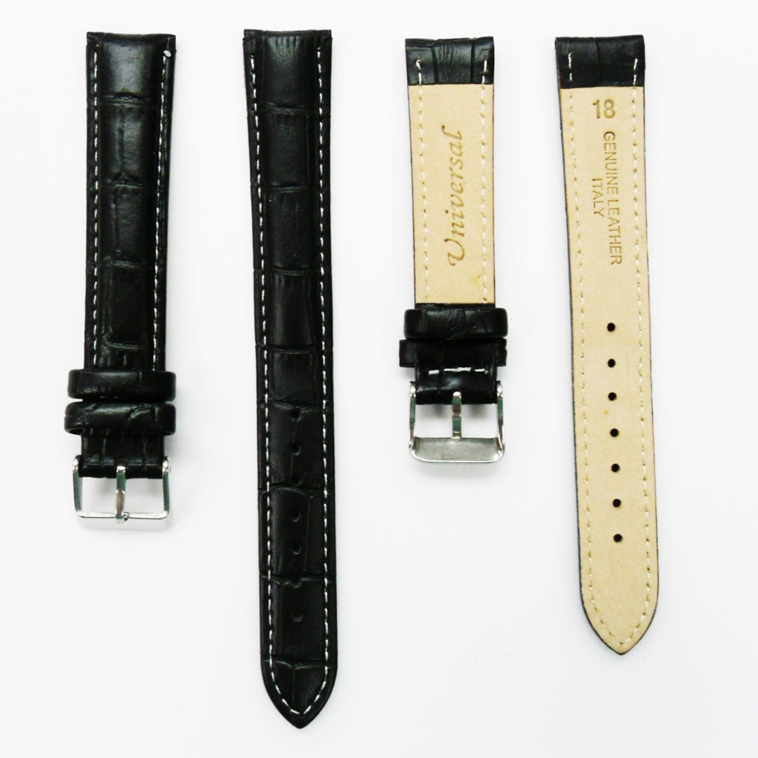 Genuine Leather Watch Band, Black Alligator Straps, Padded, Black and White Stitches, 18MM, XL Size, Stainless Steel Silver and Gold Buckle - Universal Jewelers & Watch Tools Inc.