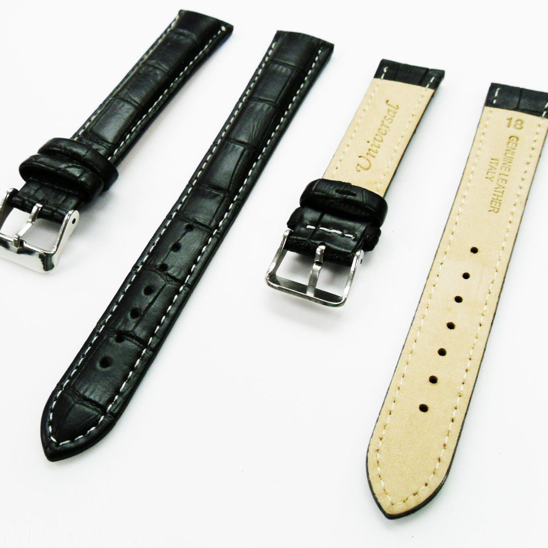 Genuine Leather Watch Band, Black Alligator Straps, Padded, Black and White Stitches, 18MM, XL Size, Stainless Steel Silver and Gold Buckle - Universal Jewelers & Watch Tools Inc.