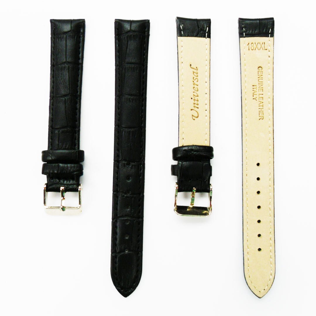 Genuine Leather Watch Band, Black Alligator Straps, Padded, Black and White Stitches, 18MM, XL Size, Stainless Steel Silver and Gold Buckle - Universal Jewelers & Watch Tools Inc.