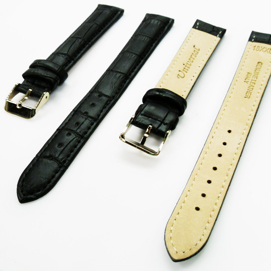 Genuine Leather Watch Band, Black Alligator Straps, Padded, Black and White Stitches, 18MM, XL Size, Stainless Steel Silver and Gold Buckle