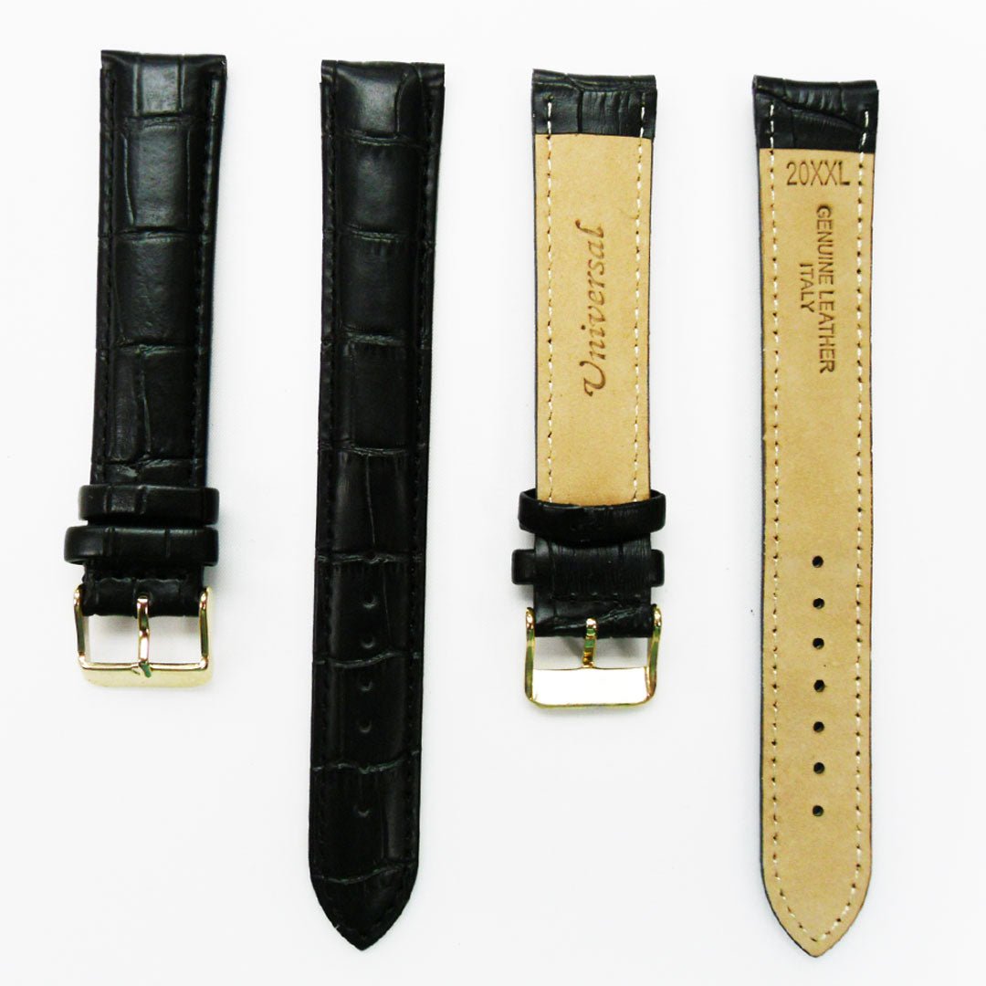 Genuine Leather Watch Band, Black Alligator Straps, Padded, Black and White Stitches, 20MM, XL Size, Stainless Steel Silver and Gold Buckle - Universal Jewelers & Watch Tools Inc.