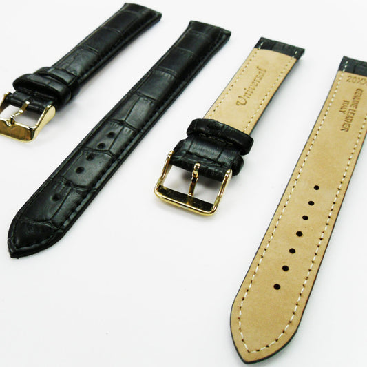 Genuine Leather Watch Band, Black Alligator Straps, Padded, Black and White Stitches, 20MM, XL Size, Stainless Steel Silver and Gold Buckle