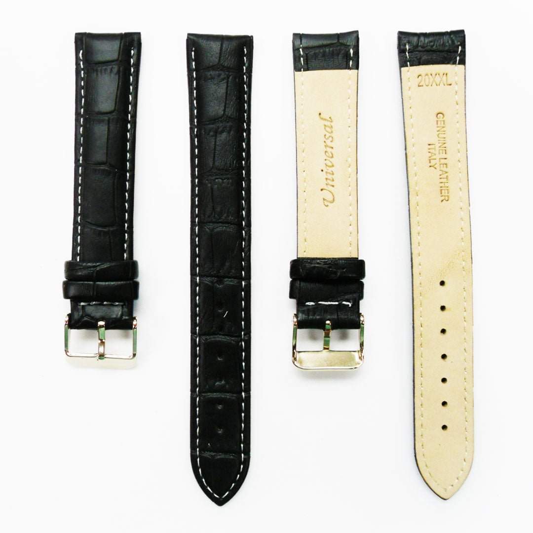 Genuine Leather Watch Band, Black Alligator Straps, Padded, Black and White Stitches, 20MM, XL Size, Stainless Steel Silver and Gold Buckle - Universal Jewelers & Watch Tools Inc.
