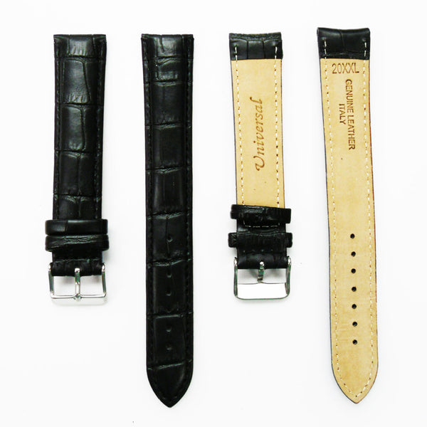 Genuine Leather Watch Band, Black Alligator Straps, Padded, Black and White Stitches, 20MM, XL Size, Stainless Steel Silver and Gold Buckle