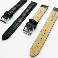 Genuine Leather Watch Band, Black Alligator Straps, Padded, Black and White Stitches, 20MM, XL Size, Stainless Steel Silver and Gold Buckle