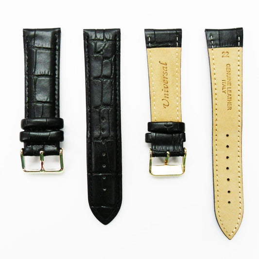 Genuine Leather Watch Band, Black Alligator Straps, Padded, Black and White Stitches, 22MM, Regular Size, Stainless Steel Silver and Gold Buckle