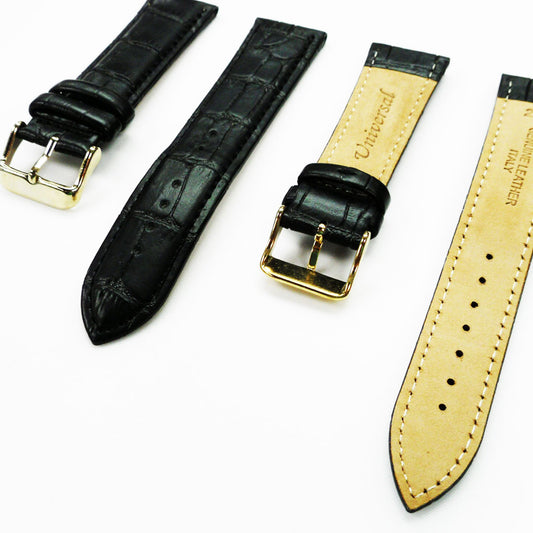 Genuine Leather Watch Band, Black Alligator Straps, Padded, Black and White Stitches, 22MM, Regular Size, Stainless Steel Silver and Gold Buckle