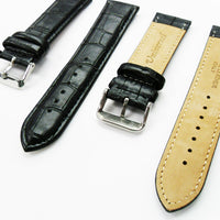 Genuine Leather Watch Band, Black Alligator Straps, Padded, Black and White Stitches, 22MM, Regular Size, Stainless Steel Silver and Gold Buckle