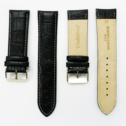 Genuine Leather Watch Band, Black Alligator Straps, Padded, Black and White Stitches, 24MM, Regular Size, Stainless Steel Silver and Gold Buckle