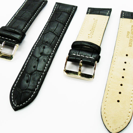 Genuine Leather Watch Band, Black Alligator Straps, Padded, Black and White Stitches, 24MM, Regular Size, Stainless Steel Silver and Gold Buckle