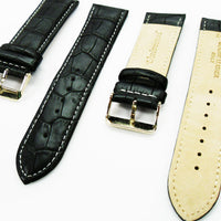 Genuine Leather Watch Band, Black Alligator Straps, Padded, Black and White Stitches, 24MM, Regular Size, Stainless Steel Silver and Gold Buckle