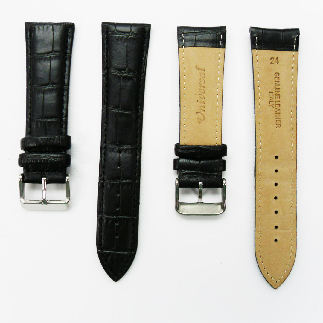 Genuine Leather Watch Band, Black Alligator Straps, Padded, Black and White Stitches, 24MM, Regular Size, Stainless Steel Silver and Gold Buckle