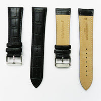 Genuine Leather Watch Band, Black Alligator Straps, Padded, Black and White Stitches, 24MM, Regular Size, Stainless Steel Silver and Gold Buckle