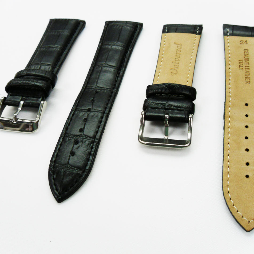 Genuine Leather Watch Band, Black Alligator Straps, Padded, Black and White Stitches, 24MM, Regular Size, Stainless Steel Silver and Gold Buckle