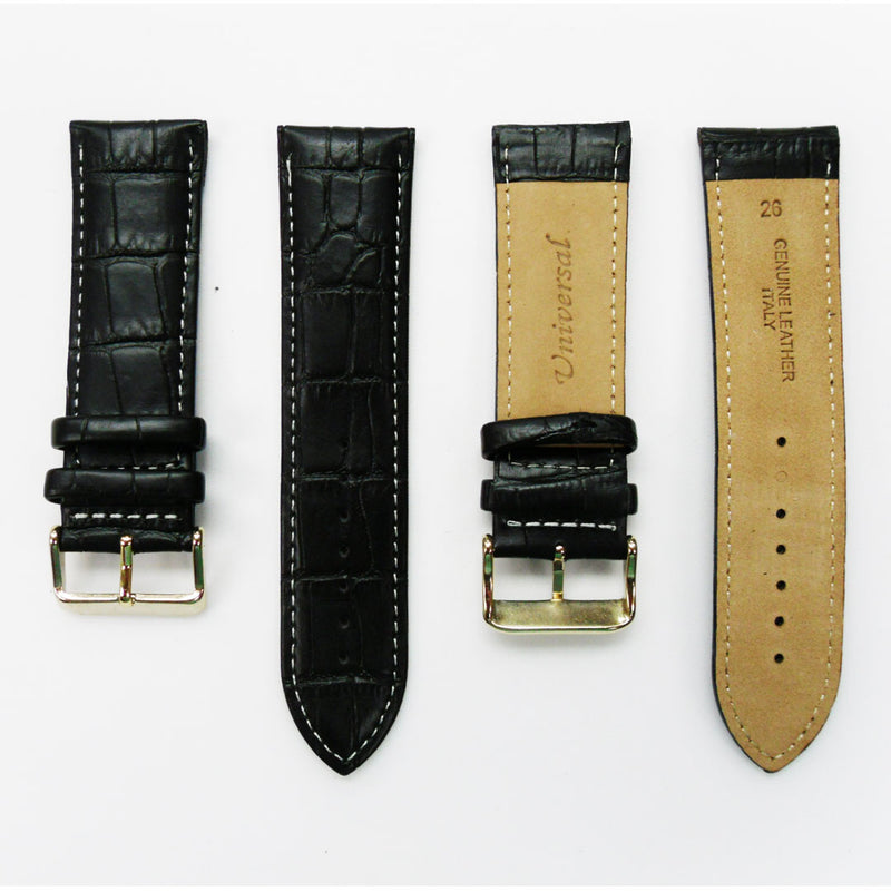 Load image into Gallery viewer, Genuine Leather Watch Band, Black Alligator Straps, Padded, Black and White Stitches, 26MM, Regular Size, Stainless Steel Silver and Gold Buckle
