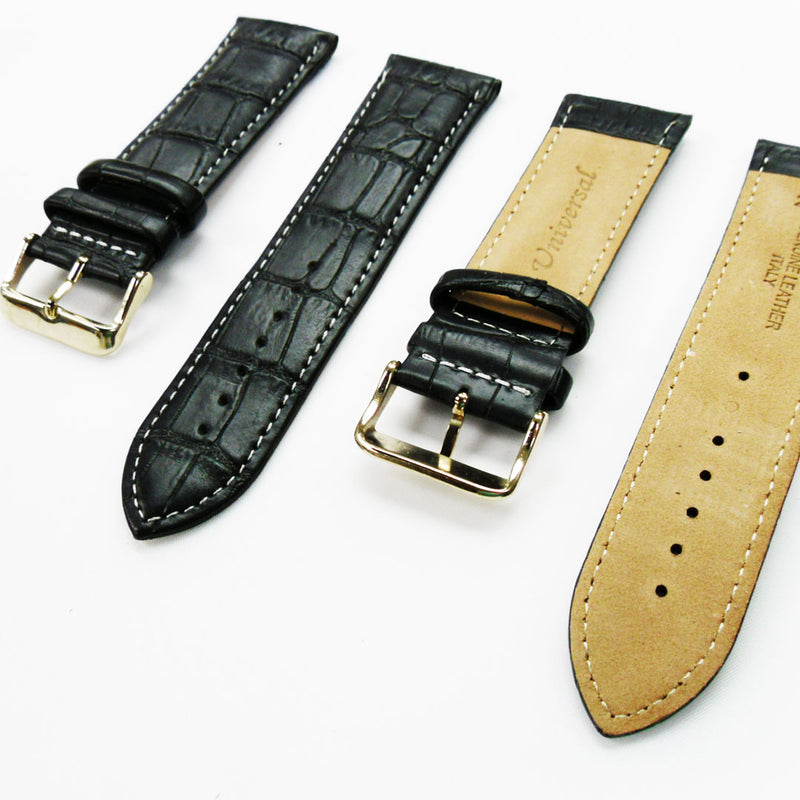 Load image into Gallery viewer, Genuine Leather Watch Band, Black Alligator Straps, Padded, Black and White Stitches, 26MM, Regular Size, Stainless Steel Silver and Gold Buckle
