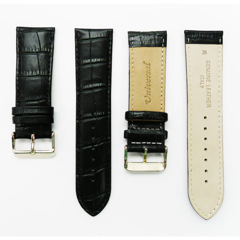 Load image into Gallery viewer, Genuine Leather Watch Band, Black Alligator Straps, Padded, Black and White Stitches, 26MM, Regular Size, Stainless Steel Silver and Gold Buckle
