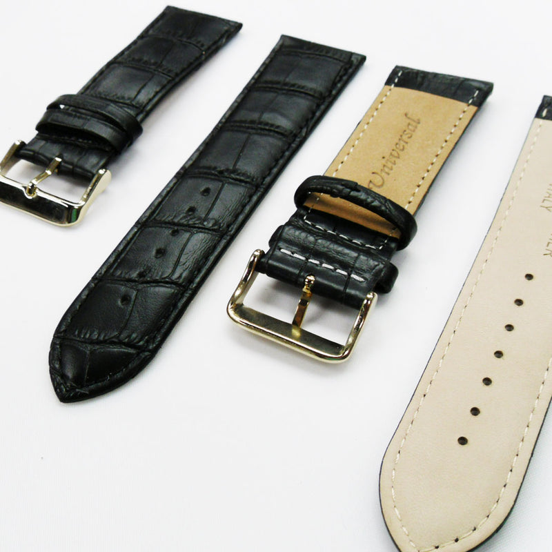 Load image into Gallery viewer, Genuine Leather Watch Band, Black Alligator Straps, Padded, Black and White Stitches, 26MM, Regular Size, Stainless Steel Silver and Gold Buckle
