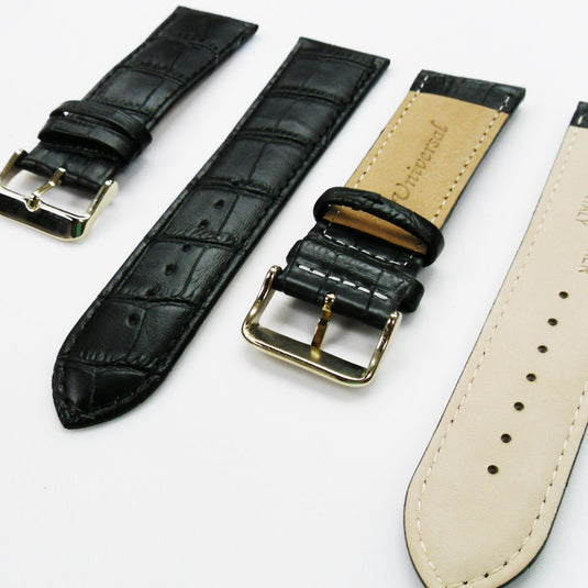Genuine Leather Watch Band, Black Alligator Straps, Padded, Black and White Stitches, 26MM, Regular Size, Stainless Steel Silver and Gold Buckle