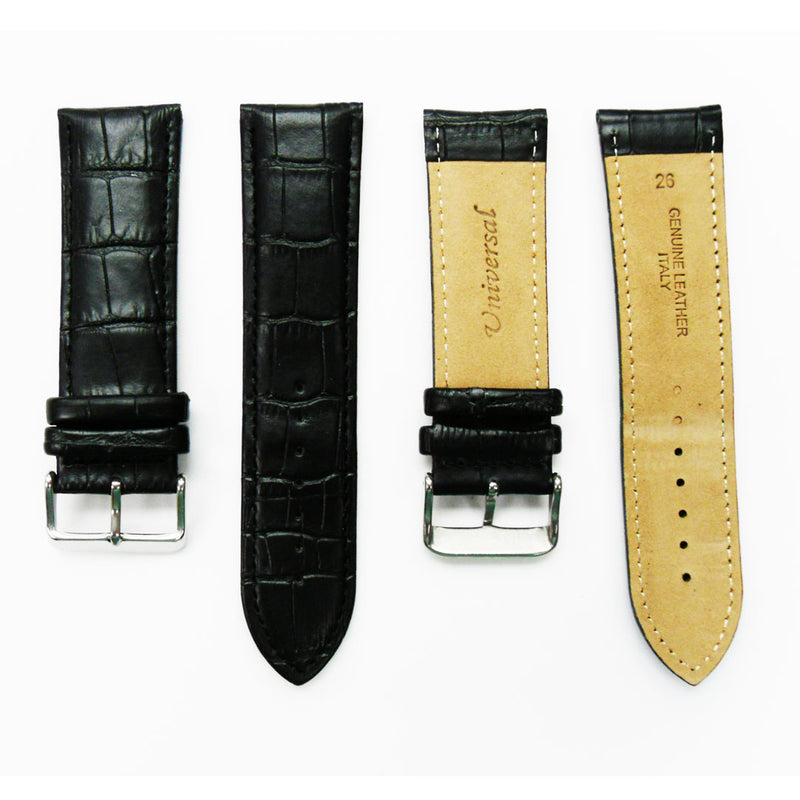 Load image into Gallery viewer, Genuine Leather Watch Band, Black Alligator Straps, Padded, Black and White Stitches, 26MM, Regular Size, Stainless Steel Silver and Gold Buckle
