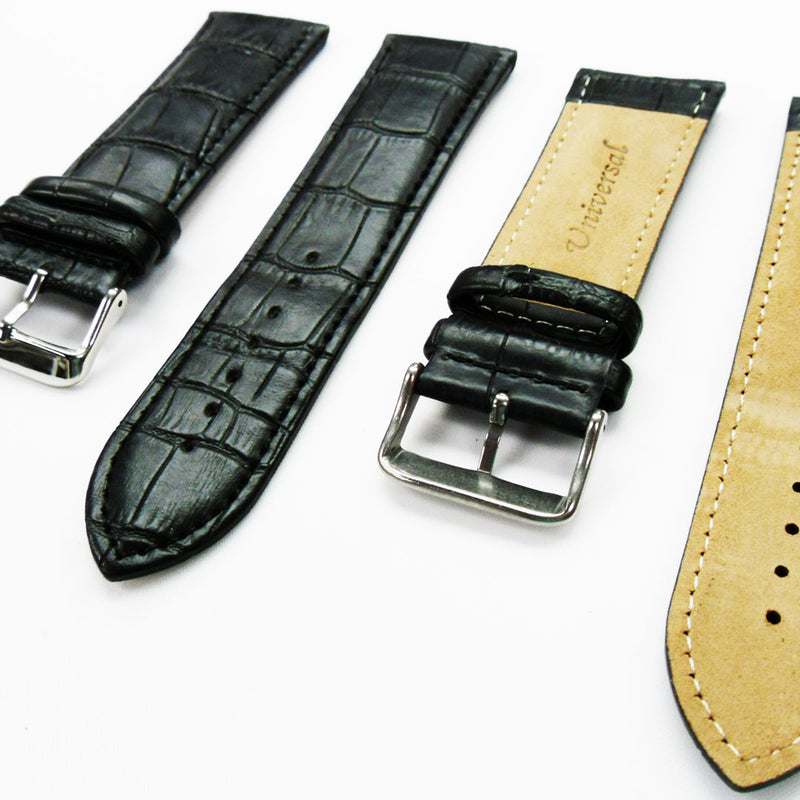 Load image into Gallery viewer, Genuine Leather Watch Band, Black Alligator Straps, Padded, Black and White Stitches, 26MM, Regular Size, Stainless Steel Silver and Gold Buckle
