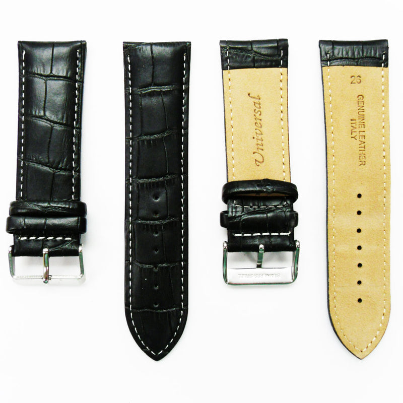 Load image into Gallery viewer, Genuine Leather Watch Band, Black Alligator Straps, Padded, Black and White Stitches, 26MM, Regular Size, Stainless Steel Silver and Gold Buckle

