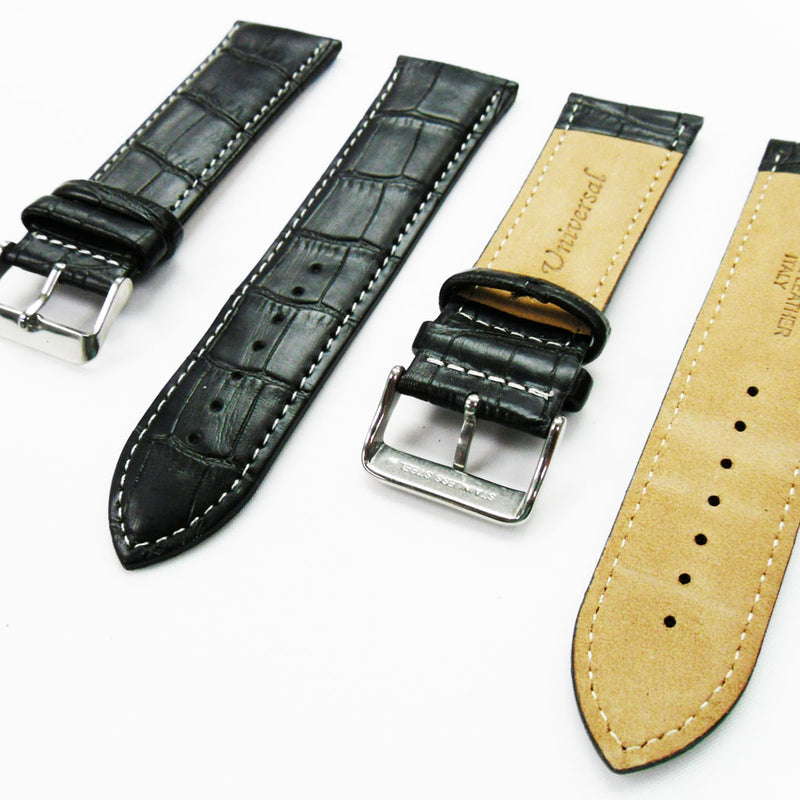 Load image into Gallery viewer, Genuine Leather Watch Band, Black Alligator Straps, Padded, Black and White Stitches, 26MM, Regular Size, Stainless Steel Silver and Gold Buckle
